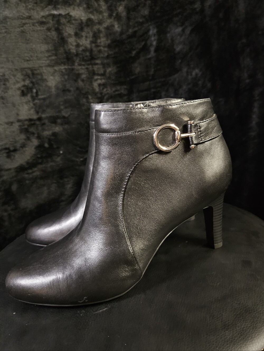Bandolino Longo Black Leather Ankle Booties with Gold Ring Accent